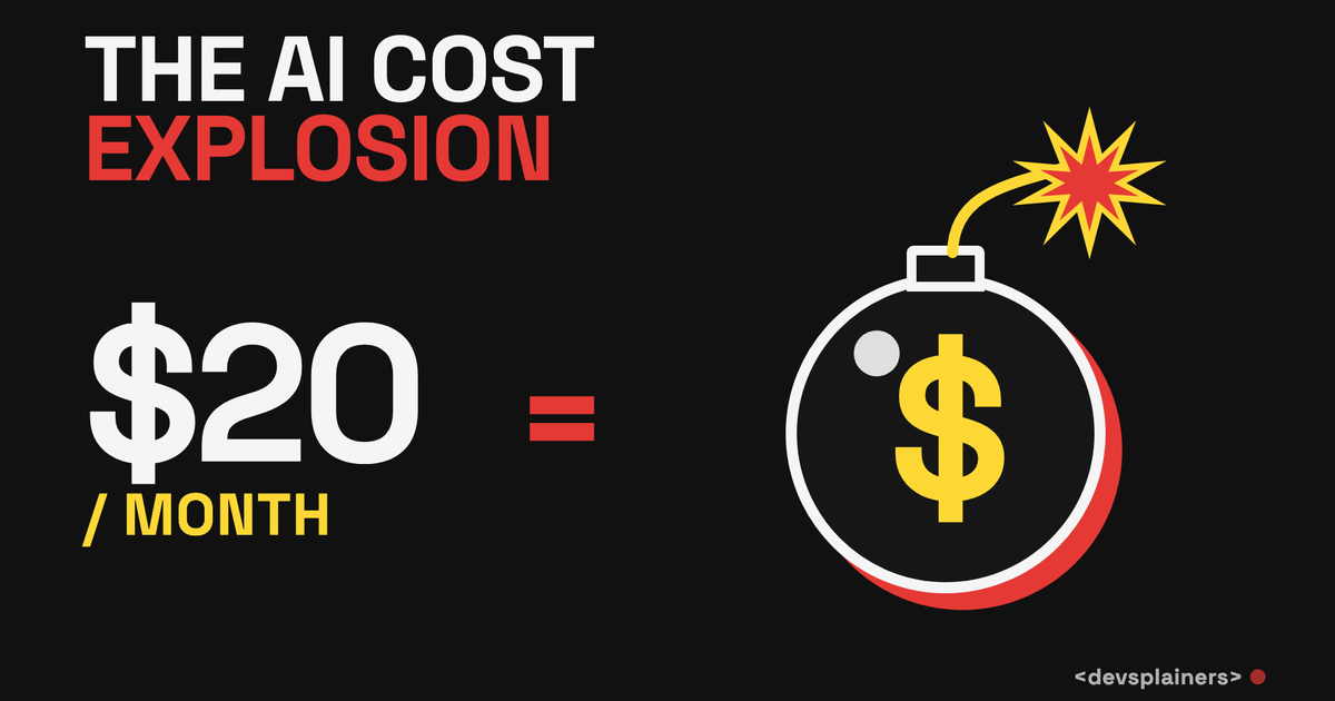 Bauhaus illustration: the headline THE AI COST EXPLOSION beside a $20/MONTH label and a lit cartoon bomb stamped with a dollar sign.