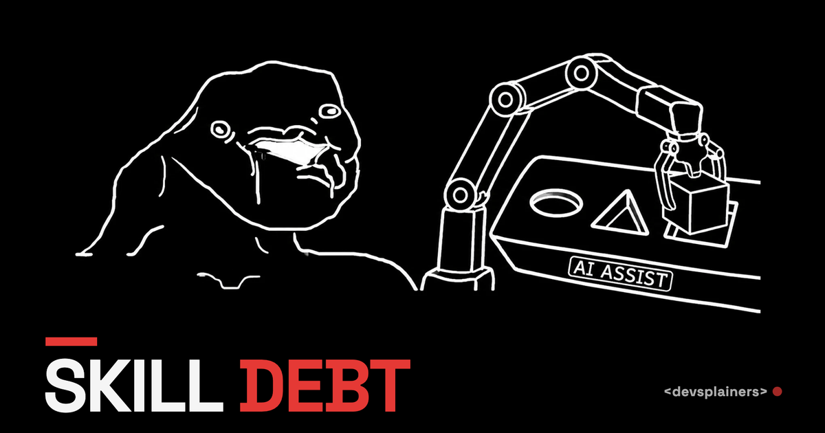Bauhaus illustration: a crying "brainlet" developer beside a robotic arm labeled AI ASSIST, under the words SKILL DEBT in red and white.
