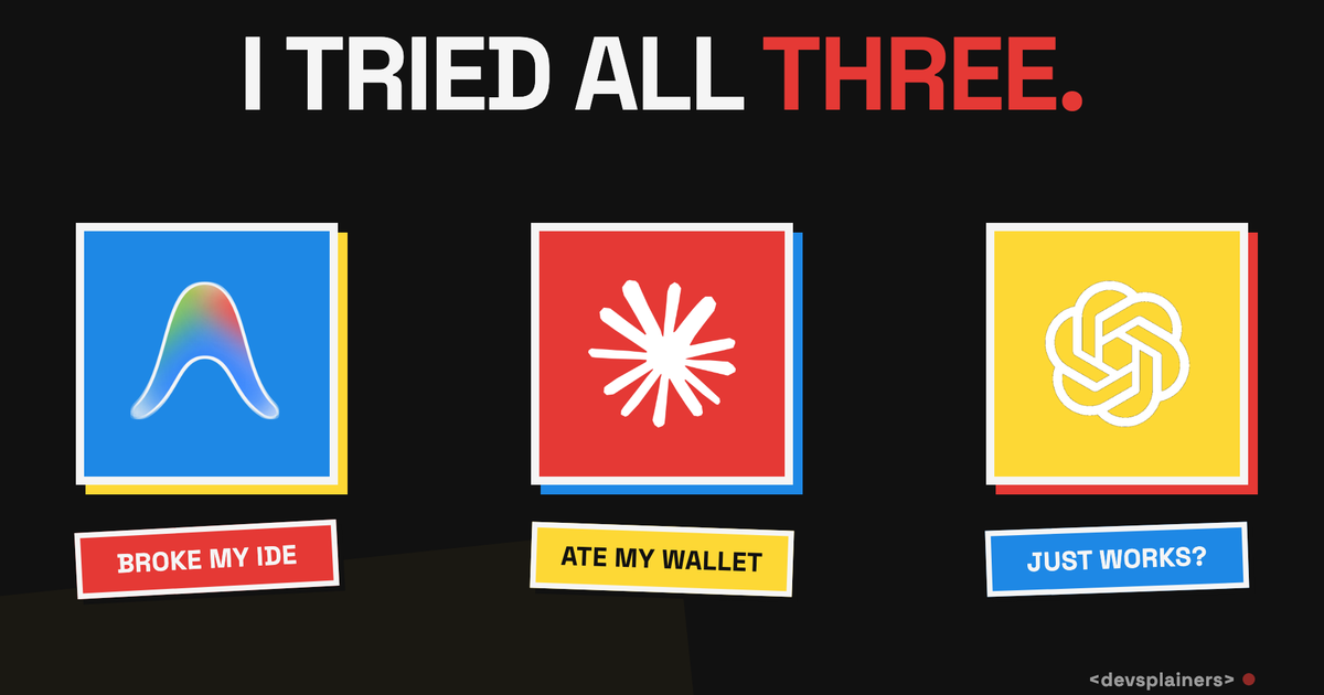 Bauhaus showdown illustration: a red Antigravity panel, a blue Claude Code panel, and a yellow Codex panel under the line "I tried all three."