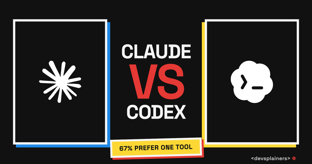 Bauhaus illustration: a blue Claude panel and a yellow Codex terminal panel flanking a red VS, under the line 67% prefer one tool.