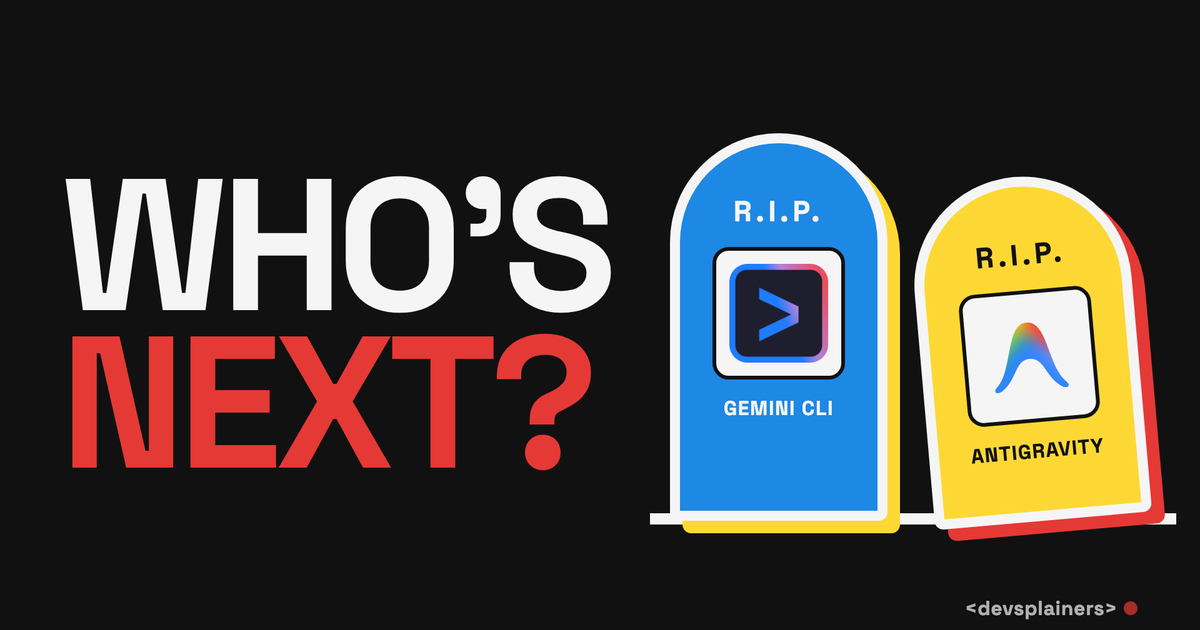 Bauhaus illustration: two tombstones reading R.I.P. Gemini CLI and R.I.P. Antigravity next to the question Who is next.