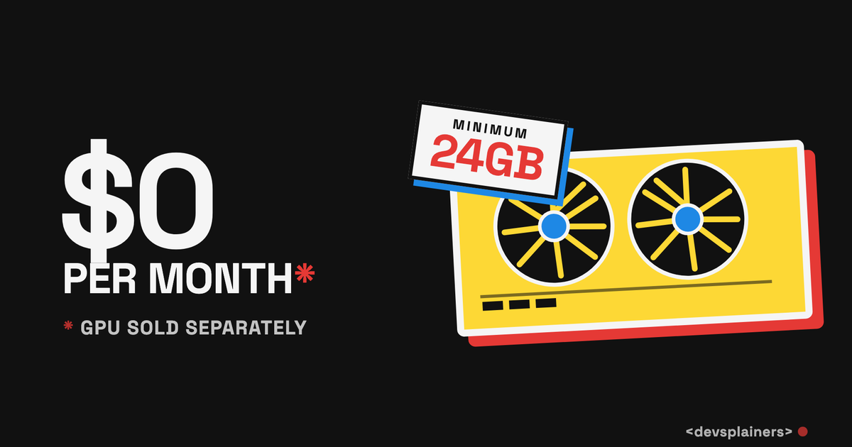 Bauhaus illustration in the channel style: the headline "$0 per month, GPU sold separately" beside a yellow graphics card tagged "minimum 24GB" on matte black.