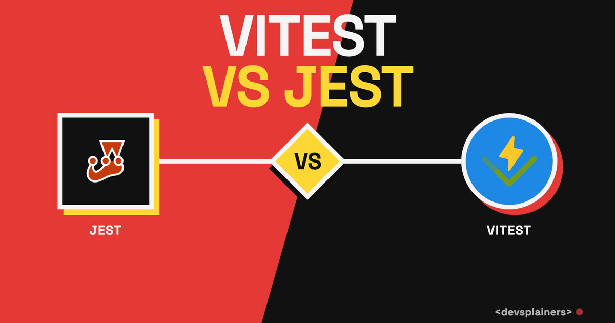 Bauhaus illustration: the words "Vitest vs Jest" with the red Jest logo on the left and the blue Vitest lightning icon on the right, the channel's showdown style.